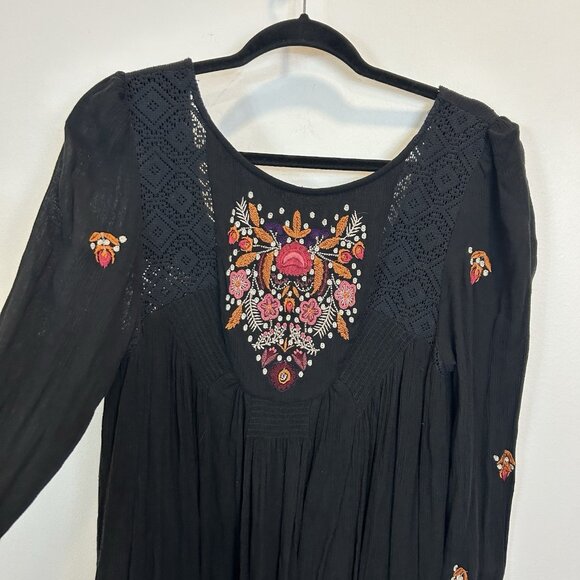 Free People Small Dress Black Mohave Embroidered Mini Tunic Lace Long Sleeve - Picture 5 of 13